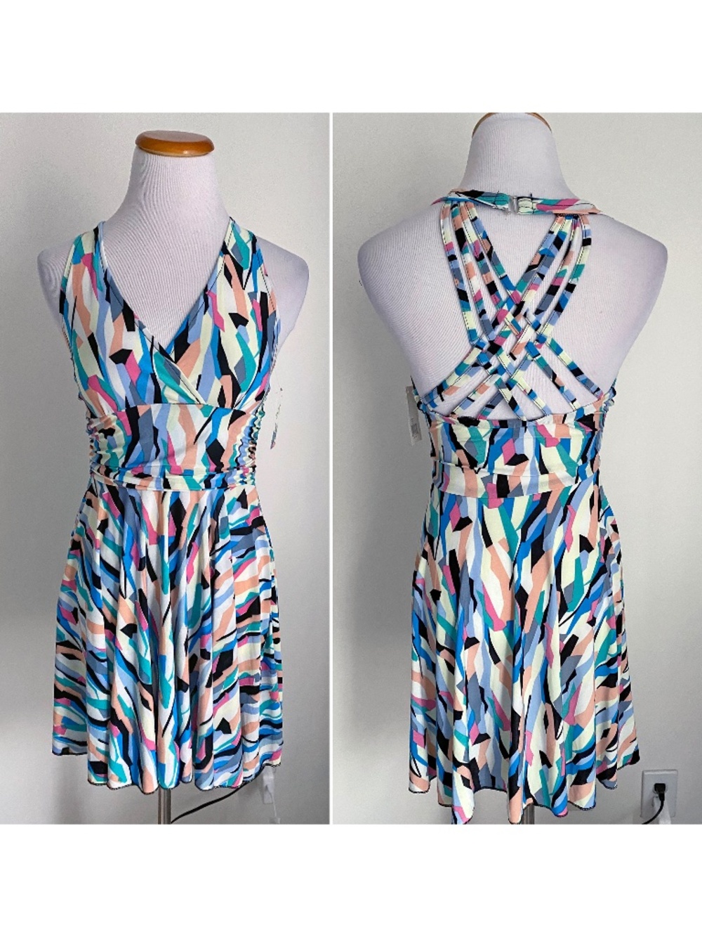 NWT! JADE Sleeveless Sundress, V Neck, Colorful Print, Strappy Back, S/M